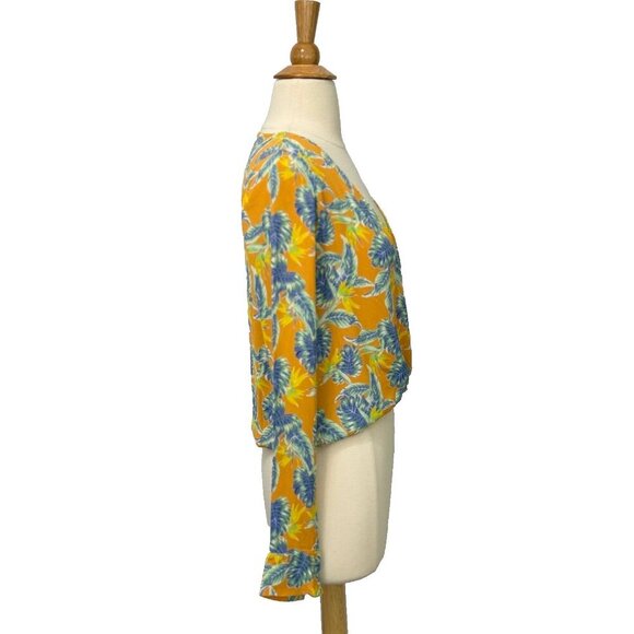 For Love & Lemons Faux Wrap Blouse Rayon V-Neck Long Slv Tropical Birds Size XS - Picture 2 of 8